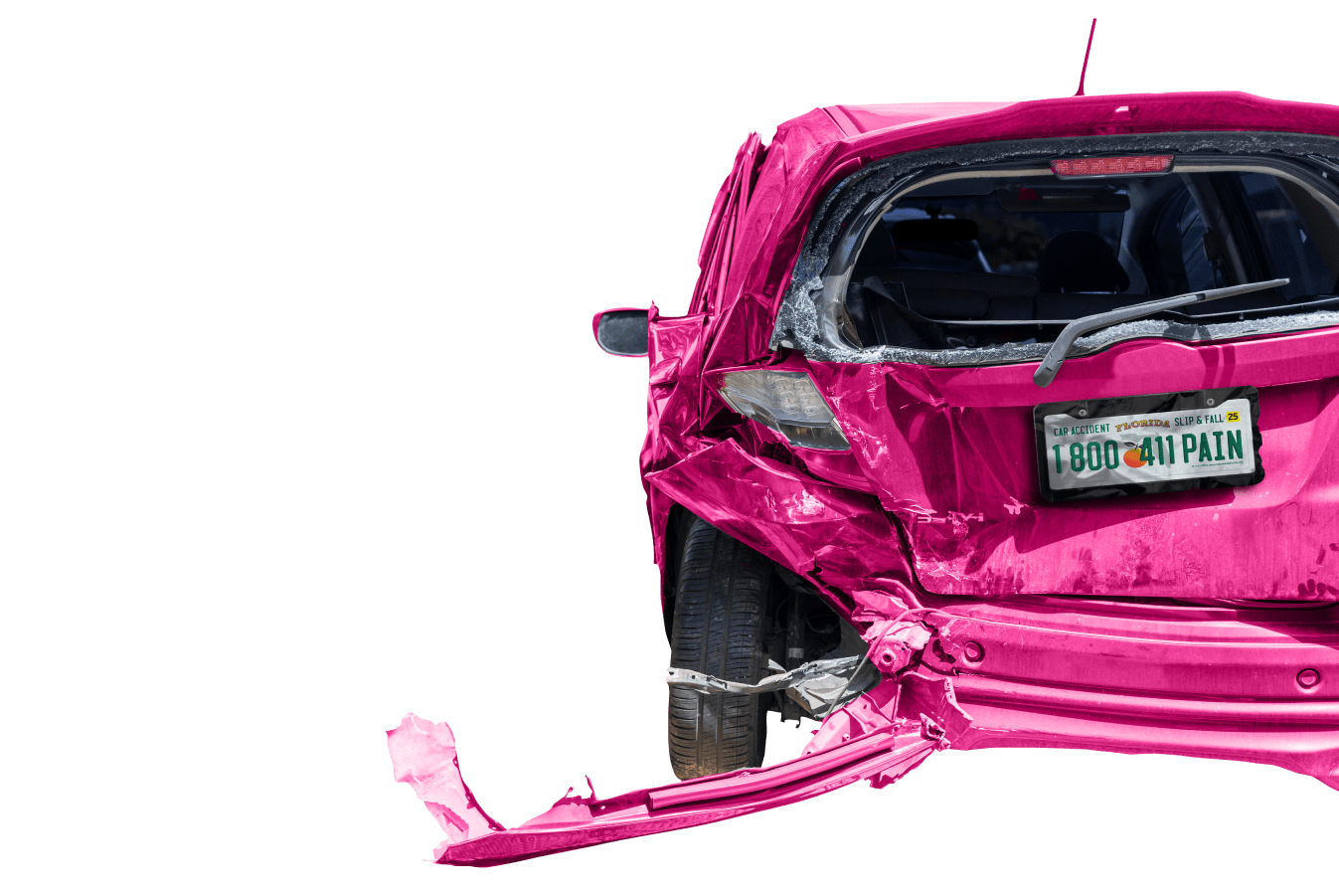 A red sedan with a damaged rear end, showing significant damage to the trunk and rear window.